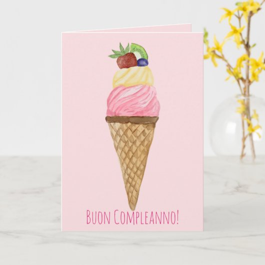 イタリアン誕生日水色アイスクリームカード カード (黄色い花)