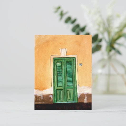 イタリアン通り |シチリア島、黄色い壁の緑のドア ポストカード (スタンド正面)
