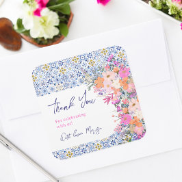 イタリアン青タイルフローラ感謝してい赤ちゃんシャワー スクエアシール