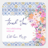 イタリアン青タイルフローラ感謝してい赤ちゃんシャワー スクエアシール (正面)