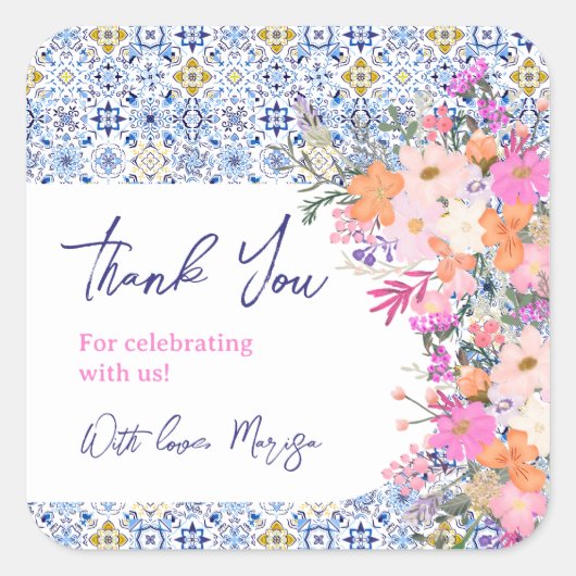 イタリアン青タイルフローラ感謝してい赤ちゃんシャワー スクエアシール (正面)