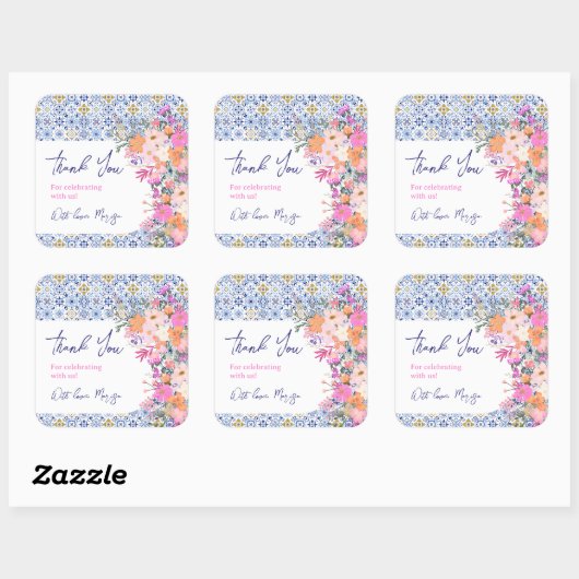 イタリアン青タイルフローラ感謝してい赤ちゃんシャワー スクエアシール (シート)