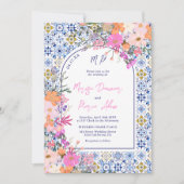 イタリアン青タイル水色フローラ結婚写真 招待状 (正面)