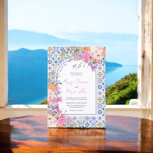 イタリアン青タイル水色フローラ結婚写真 招待状