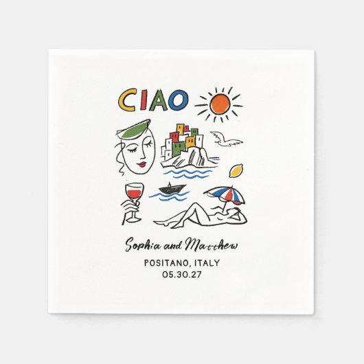 イタリアン ウェディング アマルフィ コースト 手描き スタンダードカクテルナプキン (正面)