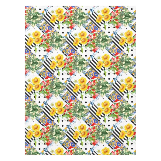 イタリアン，シシリアのアート，継ぎはぎ，夏の花  テーブルクロス (正面)