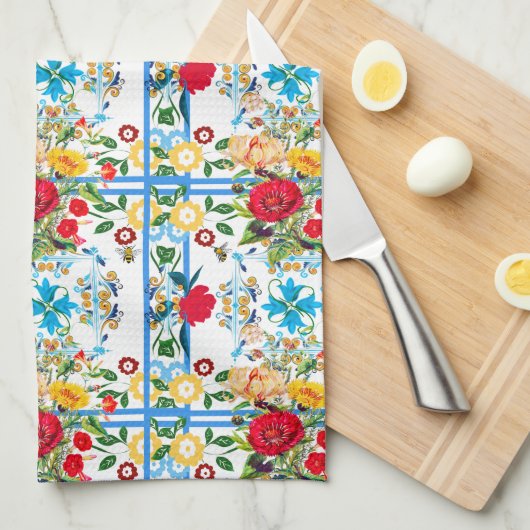 イタリアン,シシリア人,フローラ,マジョリカ模様 キッチンタオル (四つ折り)