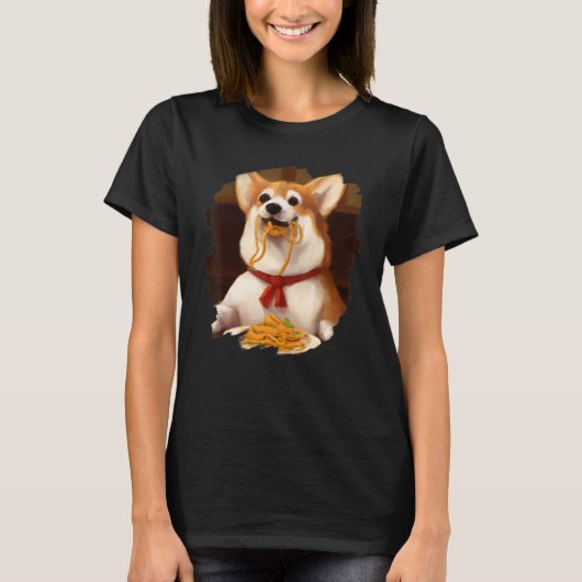 イタリアン・パスタを食べるコーギー・犬・コメディ Tシャツ (正面)