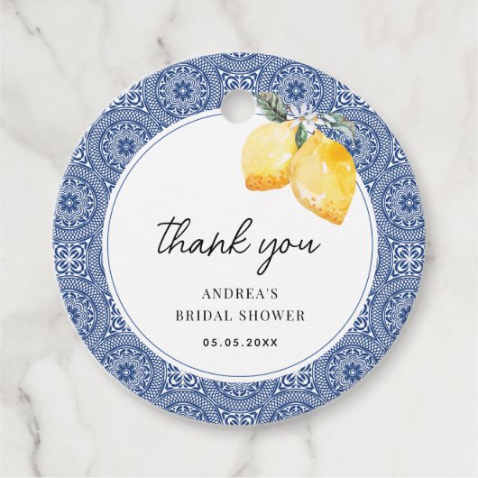 イタリアン フローラル & ブルー タイルの結婚前お礼メッセージ フェイバータグ (正面)