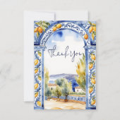 イタリアン ブルーのタイルがアーチを描くレモンのブライダルシャワー サンキューカード (正面)