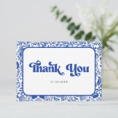 イタリアン ブルー タイル レトロ ブライダル シャワー サンキューカード (スタンド正面)