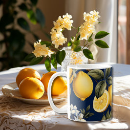 イタリアン レモンズ オン ネイビー パターン コーヒーマグカップ