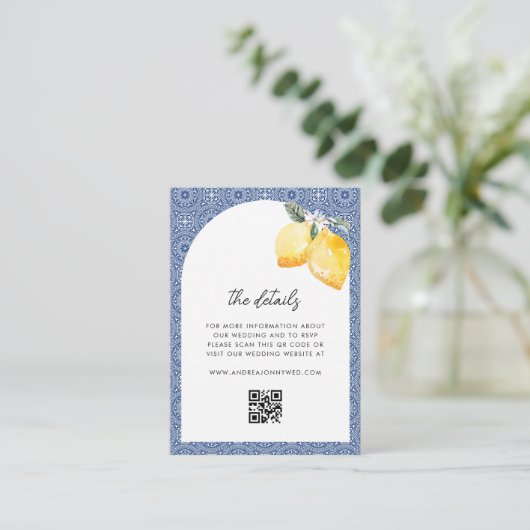 イタリアン レモン フローラル タイル QR コード ウェディング 詳細 エンクロージャーカード (スタンド正面)