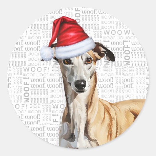 イタリアンGreyhoundとWoof Word Artクリスマス ラウンドシール (正面)