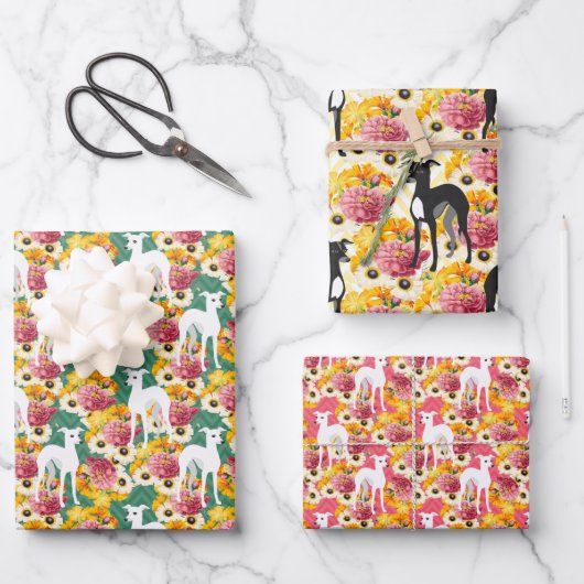 イタリアンGreyhoundsフローラルパターン ラッピングペーパーシート (正面)