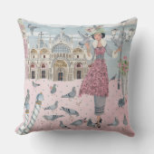 イタリアヴェネツィアトラベルピンクグレー鳩ガールスケッチ クッション (正面)