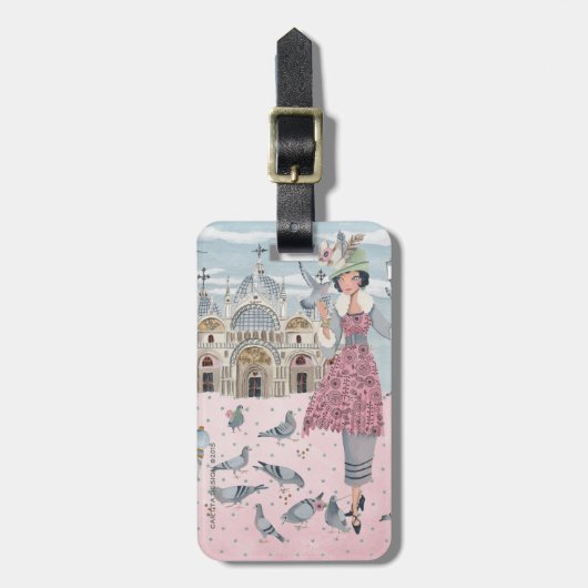 イタリアヴェネツィアトラベルピンクグレー鳩ガールスケッチ ラゲッジタグ (正面縦)