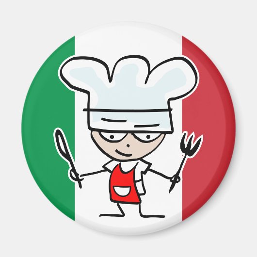 イタリア人シェフの冷蔵庫マグネット、カートゥーンと旗付き マグネット (正面)