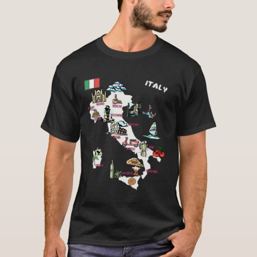 イタリア図解入りの、写真付きのの地図は都市に国旗を付け素晴らしている Tシャツ (正面)