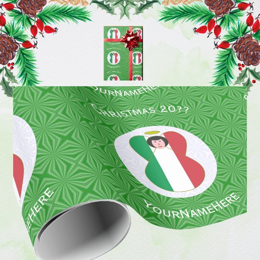 イタリア国旗のクリスマス天使 パーソナライズギフト ラッピングペーパー