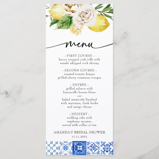 イタリア地中海のフローラレモンブライダルシャワー メニュー (正面)