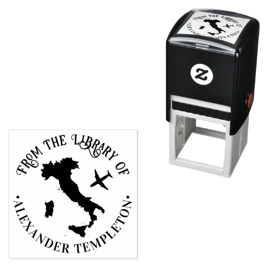 イタリア地図と飛行機のラウンドライブラリーブック名 セルフインキングスタンプ (インサイチュ)