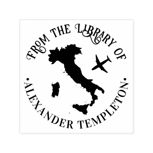 イタリア地図と飛行機のラウンドライブラリーブック名 セルフインキングスタンプ (デザイン)