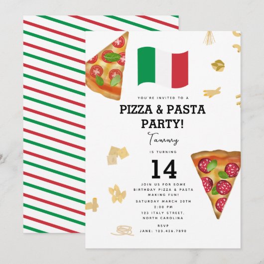 イタリア料理 ピザとパスタ作り 誕生日パーティー 招待状 (正面/裏面)