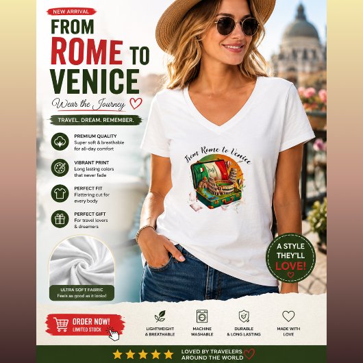 イタリア旅行の名所コラージュTシャツ | ローマ行き Tシャツ