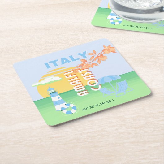 イタリア旅行アート、アマルフィ海岸名門私立校風の、ブルー スクエアペーパーコースター (アングル)