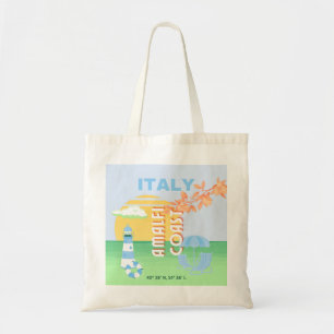 イタリア旅行アート、アマルフィ海岸名門私立校風の、ブルー トートバッグ