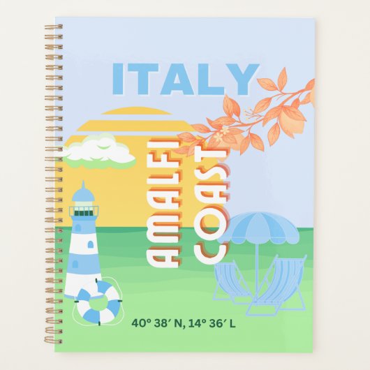 イタリア旅行アート、アマルフィ海岸名門私立校風の、ブルー プランナー手帳 (正面)
