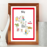 イタリア活動図解入りの、写真付きのマップ ポスター<br><div class="desc">おもしろいとポスモダンタ機能イタリアのシルエット地図グレーで地域のランドマークや活動のイラストレーションと一緒に。</div>