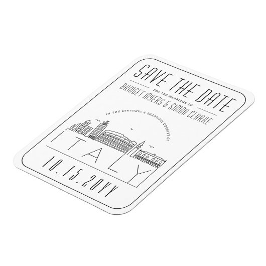 イタリア結婚旅行の様式化されたスカイライン日付を保存 マグネット (左側)