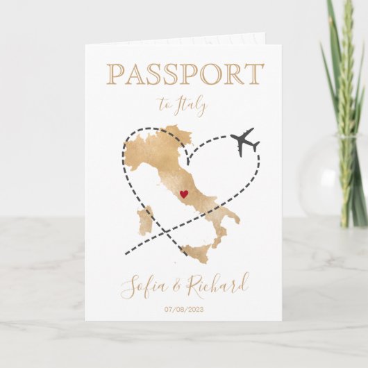 イタリア行先結婚式パスポート金ゴールド世界地図 招待状 (正面)