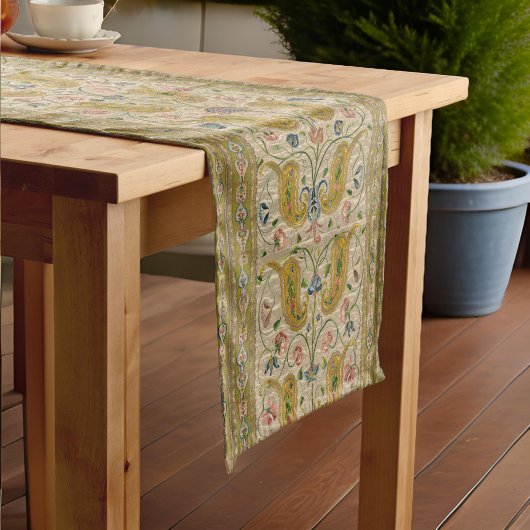 イタリア製ビクトリアンペイズリーピンクフローラ金ゴールド ショートテーブルランナー