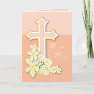 イタリア語イースター、花および十字、Buona Pasqua シーズンカード