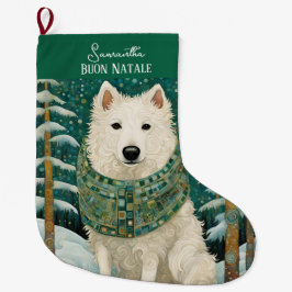 イタリア風カスタムBuon Natale 白狼デザイン ラージクリスマスストッキング