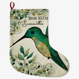 イタリア風グリーンハミングバードのクリスマスグッズ Buon Natale ラージクリスマスストッキング