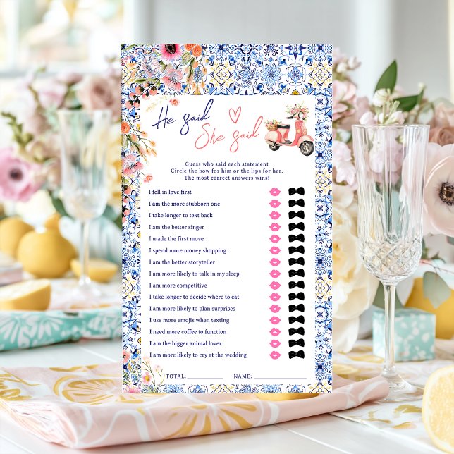 イタリア風ブルーのブライダルシャワーゲーム「彼が言った彼女が言った」 (He said she said blue italian bridal shower game)