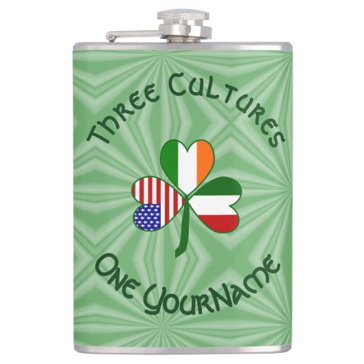 イタリア アイルランド アメリカの旗 シャムロック あなたの名前 フラスク (正面)