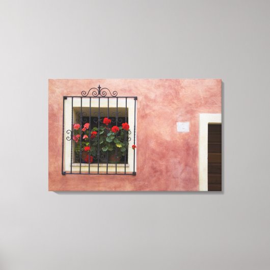 イタリア，アッシアーノ，フレッシュ春付き窓ボックス キャンバスプリント (正面)