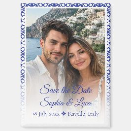 イタリア アマルフィ海岸の青いタイルの写真付き結婚式の延期のお知らせ マグネット