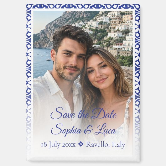 イタリア アマルフィ海岸の青いタイルの写真付き結婚式の延期のお知らせ マグネット (正面)