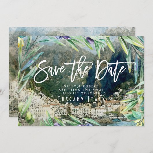 イタリア·アマルフィ·オリーブ·ウェディングはデートカードを除く サンキューカード (正面/裏面)