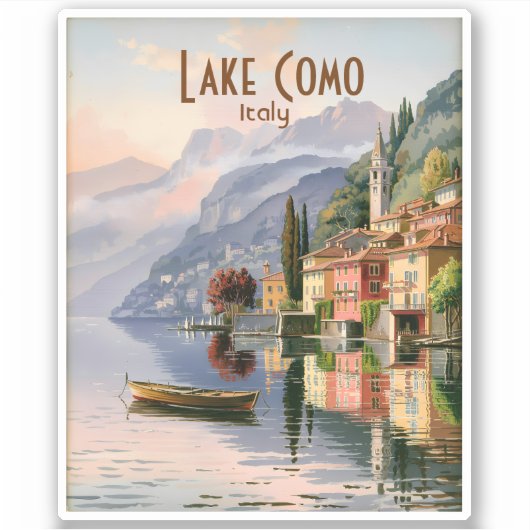 イタリア コモ湖のビンテージ水彩画トラベルグッズ シール (正面)