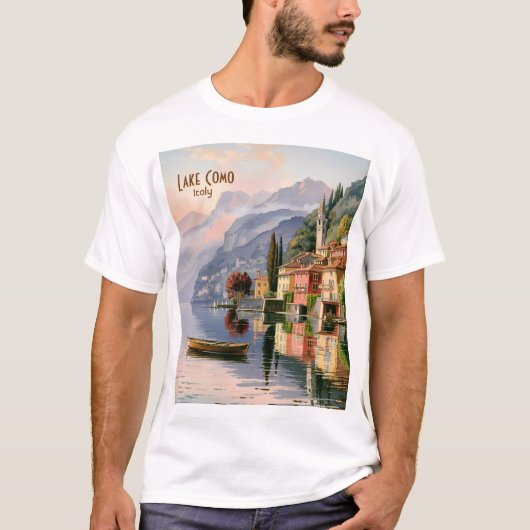 イタリア コモ湖のビンテージ水彩画トラベルグッズ Tシャツ (正面)