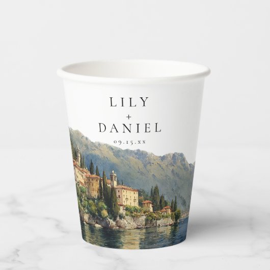 イタリア コモ湖の水彩画デスティネーション・ウェディング 紙コップ (正面)