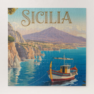 イタリア シチリア島のヴィンテージ スタイルの旅行ポスター ジグソーパズル