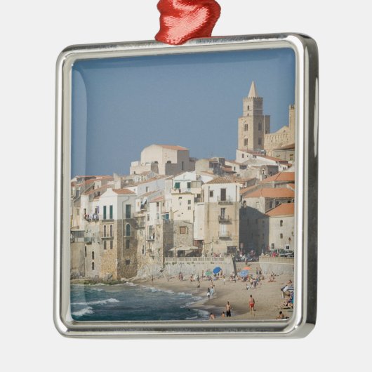 イタリア,シチリア,セファル,ドゥオモとのタウンビュー メタルオーナメント (左)